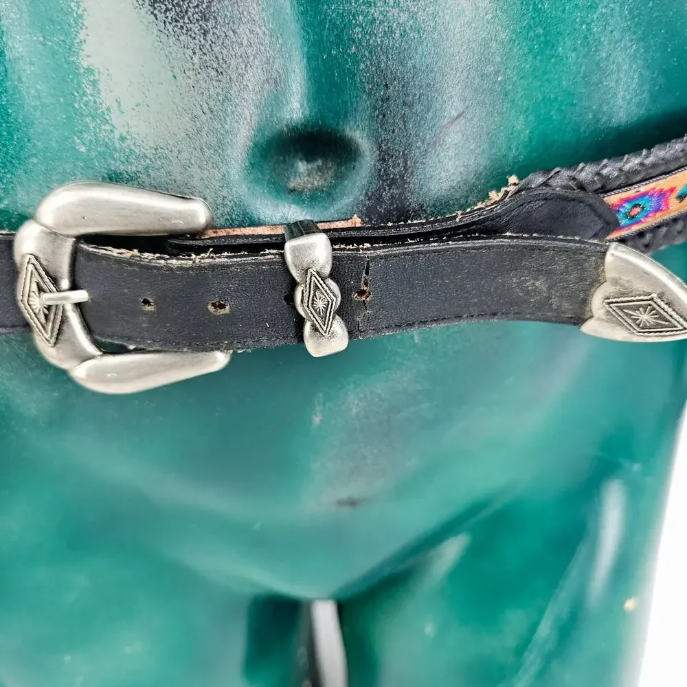 Vintage Women's Black Southwestern Leather Belt colorful silver buckle size M